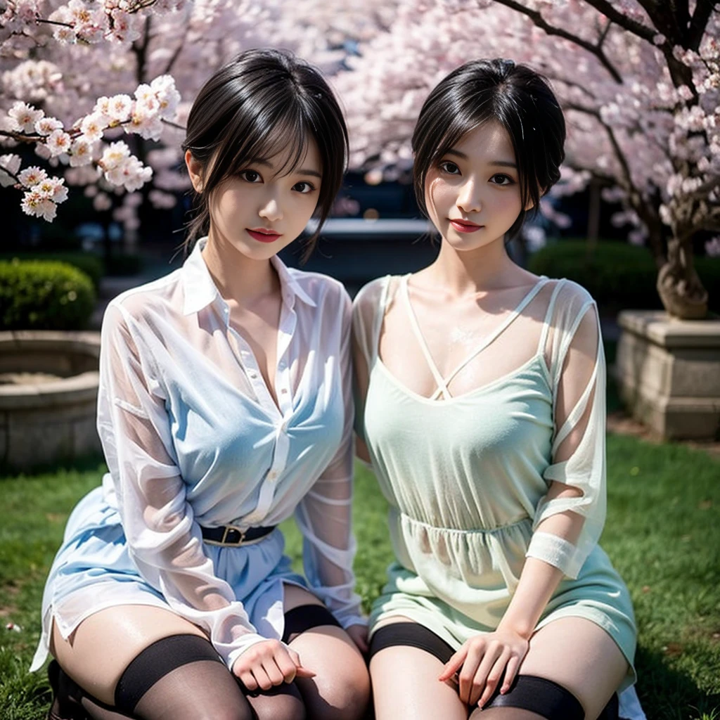 Sakura Festival、(masterpiece,8k Raw Photo:1.5,Ultra-high resolution,super high quality,Hyperrealistic:1.5)、(((A fun and gentle expression)))、Sit down、(Shiny brunette hair,Vivid details,In detail)、Surreal,35mm Film,Absent-minded,movie、(Lip gloss,Peach-colored lips)、(Big eyes,clear amber eyes,Eye highlights,Long eyelashes)、(Glossy face,Glowing Skin,Fine, silky skin)、highest quality,Ultra-high resolution,Depth of written boundary,chromatic aberration,Caustics,Wide Light,Natural Shadows)、(J-Pop Idol)、Staring at the viewer with a look of serenity and goddess-like bliss、Sex appeal in the air,Alluring、whole body,Beautiful breasts,、((Blouse with short sleeves,flare skirt,Flare One Piece))、、((Cherry tree in full bloom,Cherry Blossom Viewing,cherry blossom festival))、Dancing in the spring breeze:1.2,Scattered cherry blossom petals:1.1,Beautiful hair blowing in the wind:1.2、