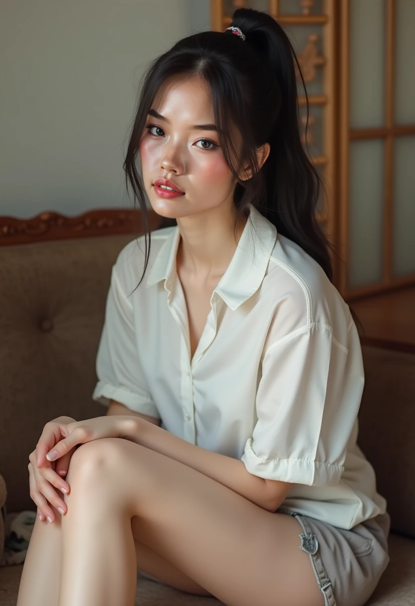 Capture a compelling photograph with high resolution using a professional-grade camera. The subject is an adorable Thai woman with long black hair, seated halfway in the frame, positioned sideways to the camera. The scene unfolds in a bedroom with soft, natural light streaming in from a window during the late afternoon, casting gentle and warm tones. The woman is wearing an oversized white shirt, sitting near a window sill and looking outward, look at view, look outside, not directly at the camera. The overall ambiance should exude tranquility and charm, with subdued lighting, soft focus, and a hint of sunlight creating a play of shadows in the background. This shot is taken with a 35mm film for a timeless quality. Emphasize the subtleties of the moment, and ensure that the composition highlights the interplay of light and shadows to evoke a warm and inviting atmosphere.