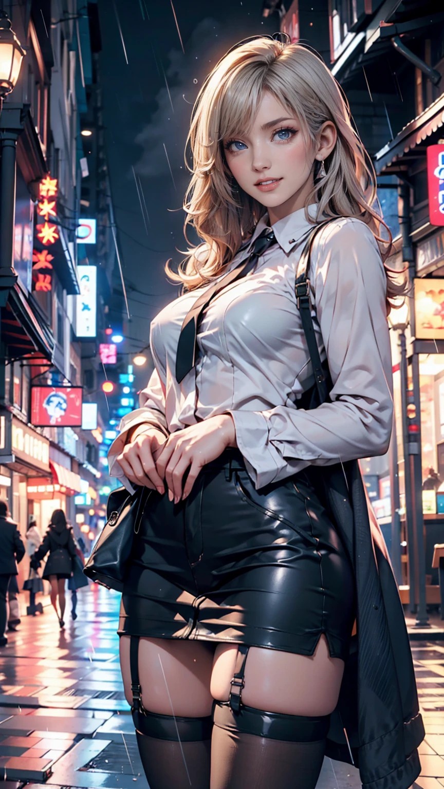 a sexy beautiful model with blue eyes, white girl, cinematic lighting, standing straight, coy smile, black miniskirt, black blazer, blonde straight shiny hair, 50mm portrait, glamour, soft curves, ass, full wet lips