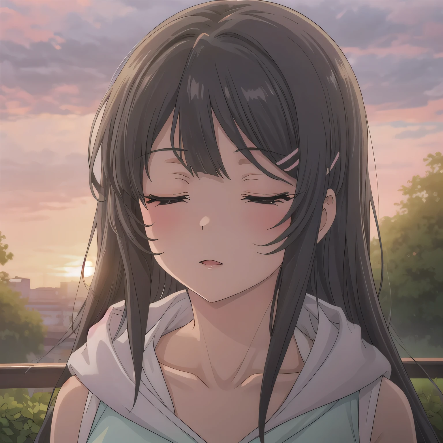 A breathtakingly beautiful 20-year-old woman stands in a lush green park at sunset, bathed in the warm golden light of the evening sun. Facing forward, her eyes gently closed, cheeks slightly flushed, and her face tilted upward as if anticipating a kiss, she embodies serenity and romance. The soft hues of the sunset complement the tranquil surroundings, enriching the dreamy atmosphere. dark hair, long hair, purple eyes.