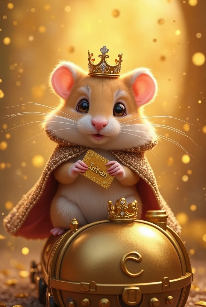 Hamster well suit sitting on gold chair top of head on crown