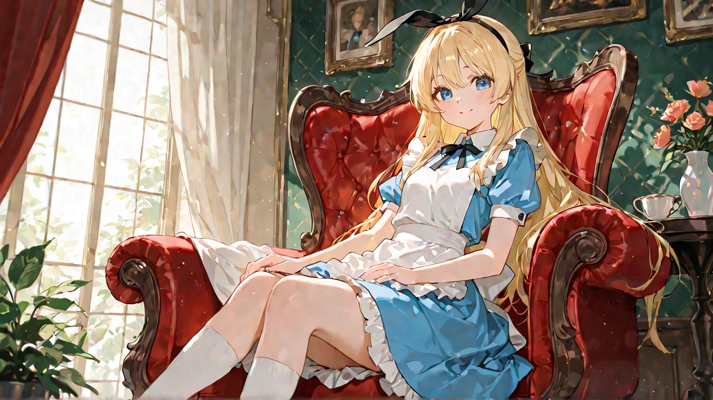 super detailed,(highest quality),((masterpiece)),(High resolution),original,Highly detailed 8K wallpaper,(very delicate and beautiful),
anime,
alice in wonderland,1girl Blonde Straight Hair Serious Stockings Sit Watch ( manga-anime , Gradient by Yumei Victor Ngai),