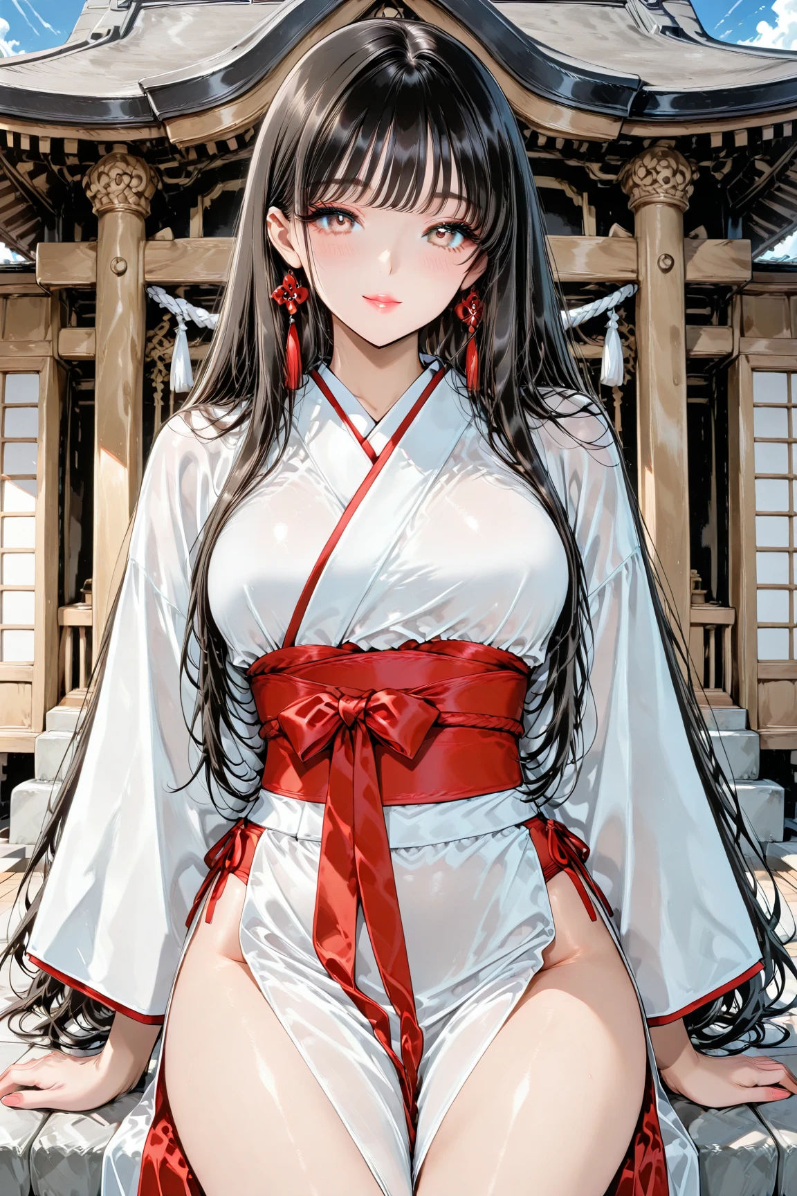 ((Highest quality)), ((masterpiece)), (detailed), （Perfect Face）、（The woman is a -yeld press from the Sengoku period in Japan., Long black hair and a beautiful face　Located in a luxurious samurai residence.、The woman is wearing a Japanese white kimono with a richly embroidered red shiny robe over it.　The red robe worn by Japanese princesses　Her hair is styled in a straight hime cut.　It is decorated with gorgeous ornaments from the Edo period.,   She was lying on her back on the futon and defecates a thick turd、Being forced to defecate