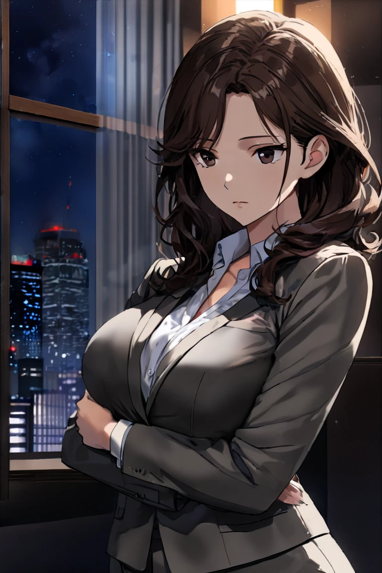 Bewitching anime big breasts woman in blue suit and tight skirt、Black tights,Inviting look、Buttoned shirt and brown hair,Ecchi anime style, bending forward,Kamimei,Red Light District at Night,neons