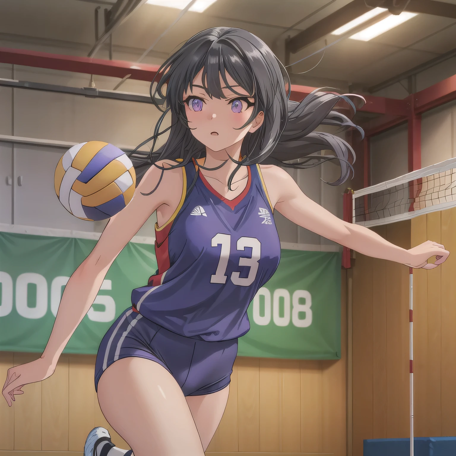 A breathtakingly beautiful 20-year-old woman soars into the air on a volleyball court inside a brightly lit gymnasium, preparing to spike the ball with precision and power. Her athletic form is accentuated by a sleek, form-fitting uniform, and her intense gaze remains locked onto the target. The polished wooden floor reflects the motion, enhancing the dynamic energy of the moment as she displays her skill and determination. dark hair, long hair, purple eyes.