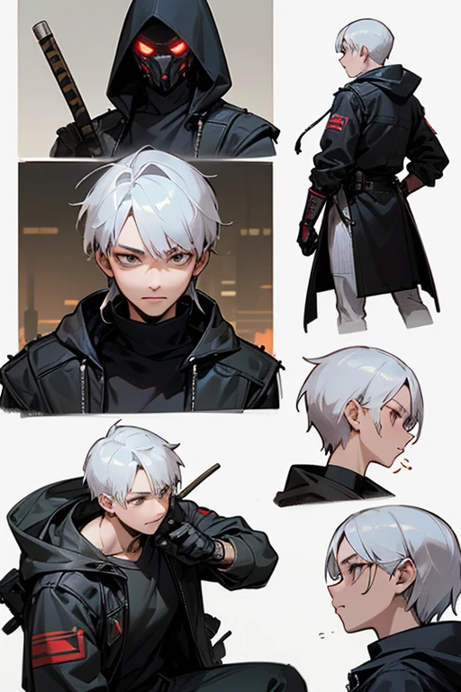 ((masterpiece)),(((best quality))),(character design sheet,same character,front,side,back), Reference sheet of a cute boy, short white hair, red eyes, smiling, black sailor outfit with short shorts, red rose as accessory, detailed face, detailed hair, (simple background, white background: 1.3)