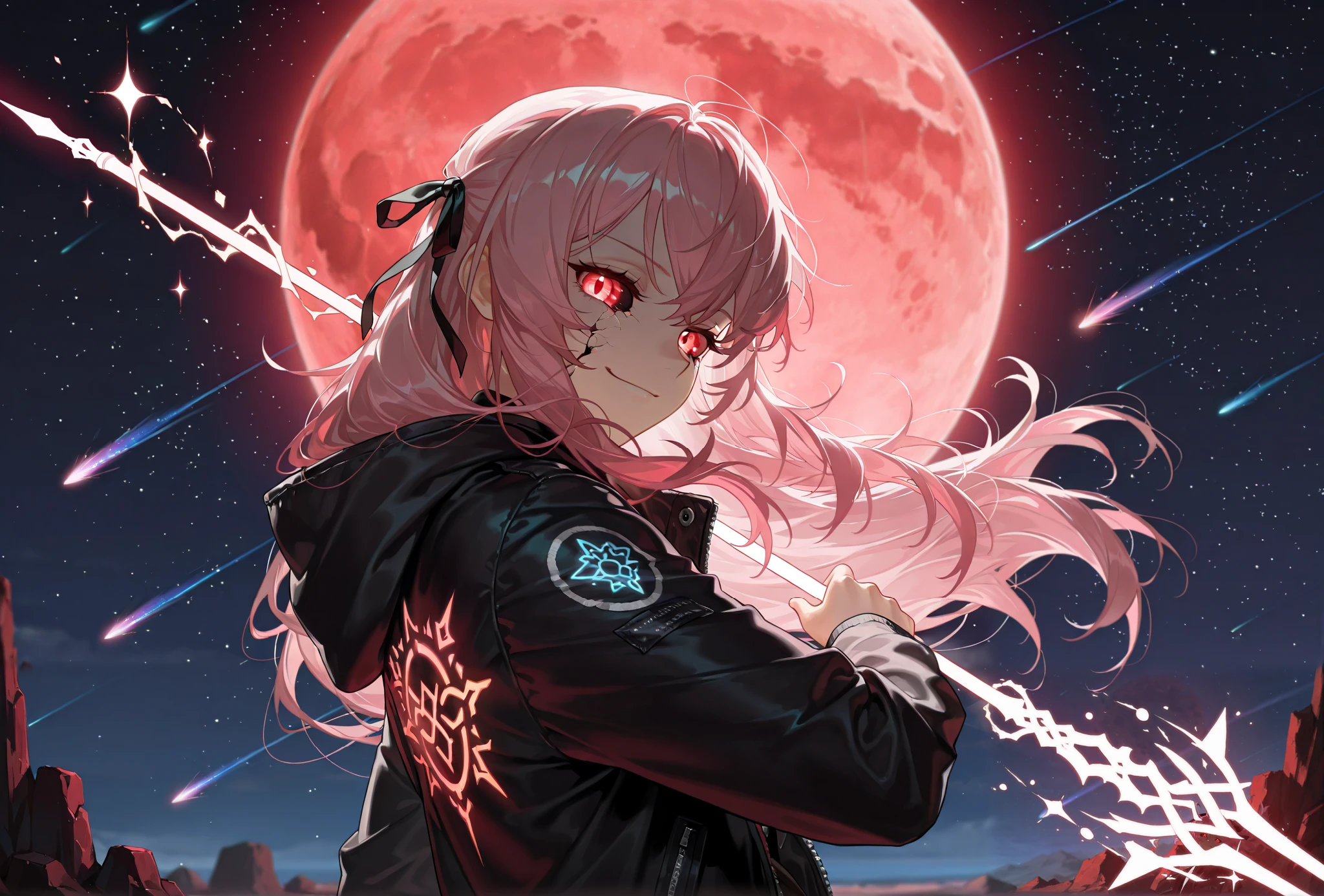 by [arknights|(748cmstyle:0.5)], mature, young adult, masterpiece, best quality, amazing quality, very aesthetic, high resolution, ultra-detailed, absurdres,
1girl, woman, solo, alone,(looking at viewer, rune skin, glowing runes, cracked sclera, dynamic pose, upper body focus, side shot, medium shot:1.2), pink hair, fluffy hair, red eyes, open jacket, modern clothes, streetwear, astral power, stars, comets, shooting stars, smug eyes, smirk, long hair, hood, red moon, hair ribbon, royalty, princess, teasing, cosmic background, astral, starlight spear, starlight weaponry, glowing weapons, star explosion, wielding a spear, cracked moon, broken shattered moon, veiled hints of insanity and yandere,
BREAK, depth of field, volumetric lighting
 