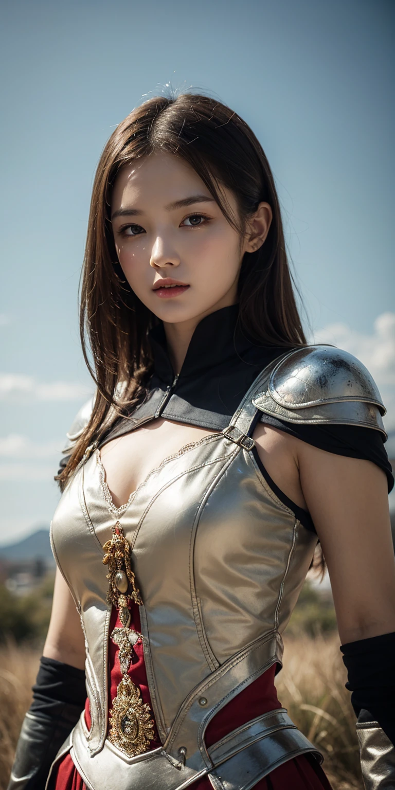 masterpiece, The best quality, Ultra-high resolution, High detail photo, Unity 8K Wallpaper, Extremely detailed CG:1.2), depth of field, bokeh, (RAW photo:1.realistic photography:1.4), (1girl:1.5), young, physically based representation, beautiful, (Finely detailed face:1.4, detailed clothing), (detailed:1.4) named (Eimi Fukada:1.1) BREAK Cara hermosa, depth of field, Add layer, hyperrealistic, 27 years old, perfect body model, perfect breasts, 175cm tall, pose sexy, full body, Whole body, Model Body Type, BREAK (extreme skin details:1.1), skin details, (shiny metal Valkyrie costume:1.3), double eyelid BREAK smile, seductive pose, standing, standing outside, medieval house, outdoor, medieval style, (castle:1.3), (close up:0.3), feathers, floating feathers, french braidsNikon Z7 II camera, Fuji Velvia 50 film, 50mm lens, high saturation