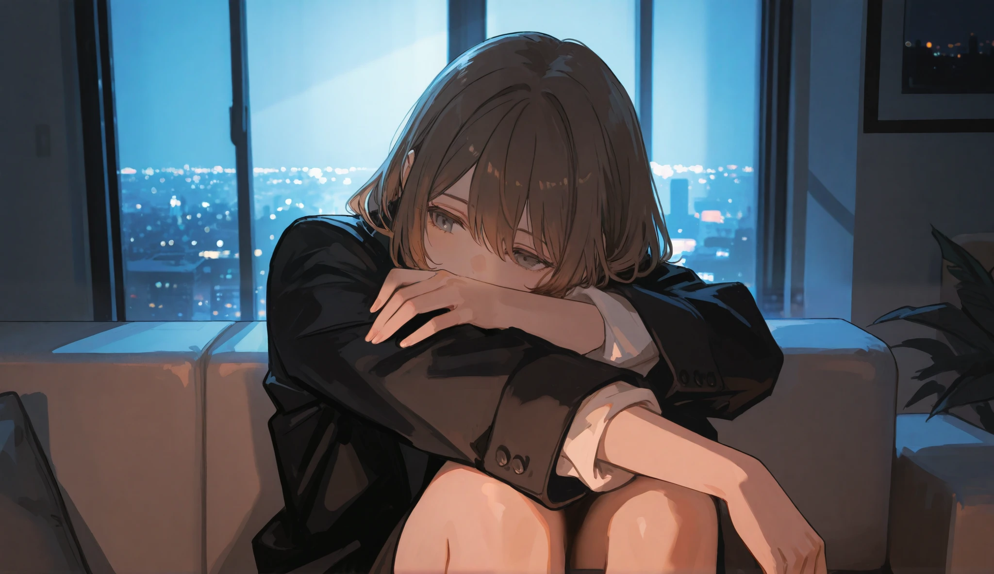 A quiet evening in the apartment, where the city lights cast a soft glow through the large windows. Mr. Lockhart stands near the balcony, his tall frame relaxed, his gray eyes focused on the skyline. His black suit jacket rests on a nearby chair, and his sleeves are rolled up.
Emma sits on the couch, her chestnut brown hair falling naturally over her shoulders. She wears a simple yet elegant dress, her expression calm as she gazes toward him. The warm lighting softens the space, creating a rare sense of peace.
The room is still, the night stretching ahead, unhurried and quiet.