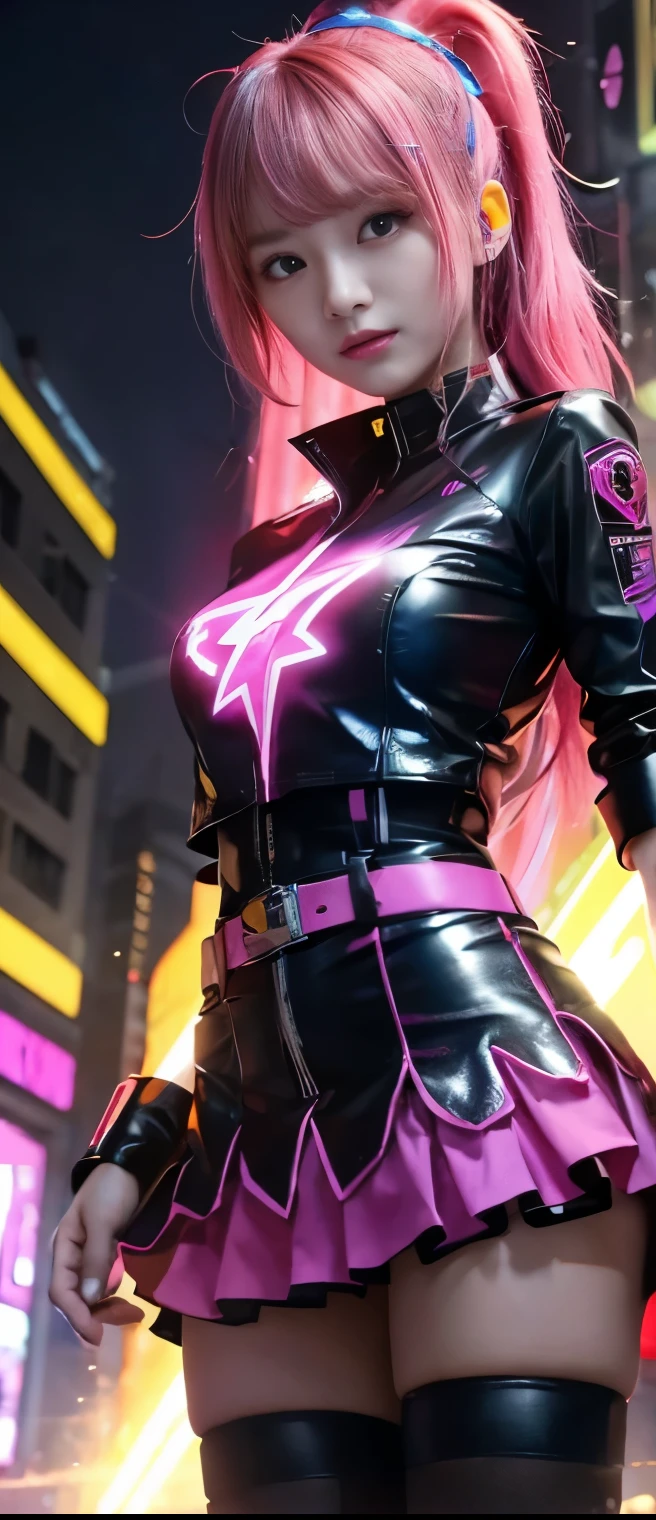 Flashy Cyberpunk Idol Girl、A pure girl's face、 hypo、fluorescent pink and blue tight miniskirt uniform、sparkle belt、Colourful lights that are emitting