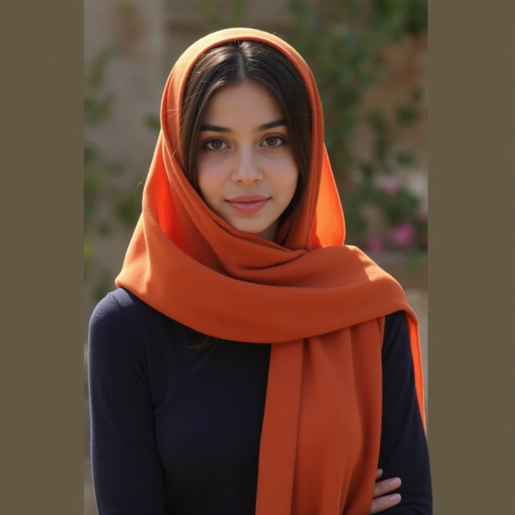 A blue silk scarf，Orange-embellished bank employee scarf