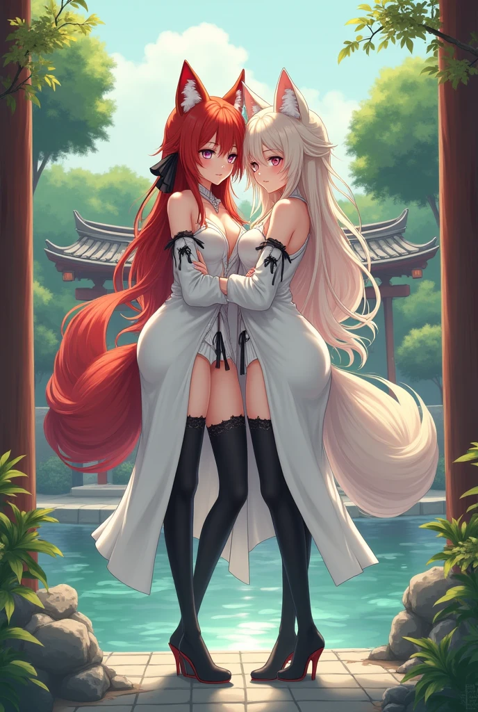 (Masterpiece), beautiful skin, art style, white dress with flowers, glowing red eyes, looking from the side on viewer, natural expression, gloves, lewd, perfect hands, forest background, looking into backgrounds, turned around, big ass, bare ass, thighs, naked, huge ass, close up view, bending,