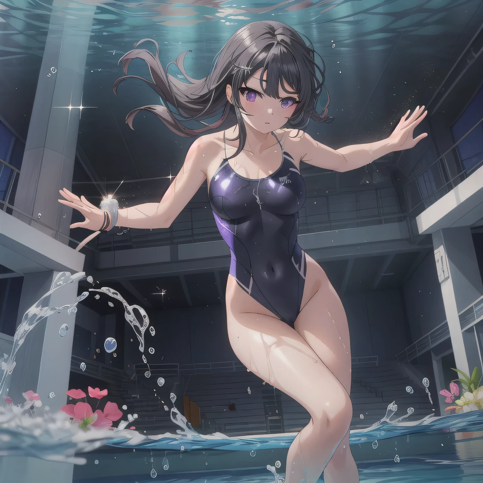 Depict a 20-year-old, breathtakingly beautiful woman performing synchronized swimming in a crystal-clear pool. She wears a stunning, form-fitting swimsuit adorned with sparkling embellishments, designed for both elegance and functionality. Her body moves in perfect harmony with the water, arms extended gracefully, legs executing a precise movement. The water ripples around her, reflecting the bright lights of the aquatic arena, creating a mesmerizing scene of beauty and strength. dark hair, long hair, purple eyes.