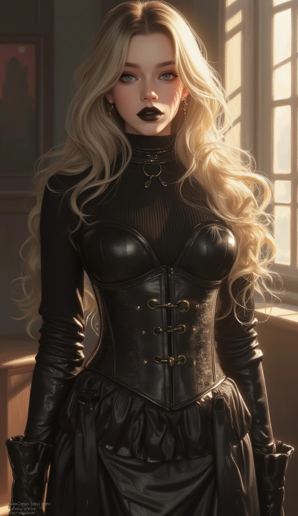 Create an image of a mysterious and elegant woman resembling DORONJO. She has long, flowing blonde hair, styled in a dramatic fashion, with a black eye mask that adds an element of intrigue. The woman is dressed in a sleek, form-fitting black outfit with gold accents, exuding confidence and power. She stands in a dynamic pose, perhaps with one hand on her hip or holding a whip, against a dark and moody background. The setting could include elements of a villain's lair, such as gothic architecture, a luxurious throne, or a shadowy cityscape. The overall atmosphere should be a mix of elegance, danger, and charisma, reflecting DORONJO's iconic presence.
