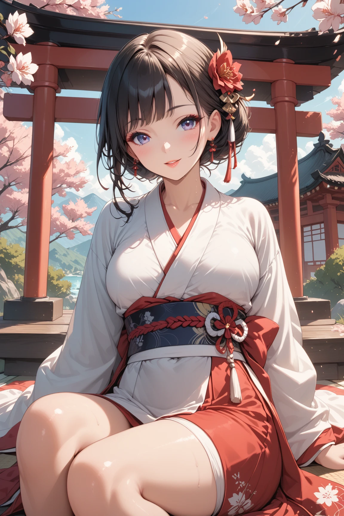 highest quality、High resolution、detailed background、cute10代の美少女、(two women:1.3)、brown hair、bob cut、braided ponytail、(huge breasts:1.3)、realistic、perfect body line、Floral embroidered panties、floral embroidered bra、emphasize the chest、emphasize cleavage、
He looked at me with a happy expression.、smile、Calm atmosphere、朱色のcuteメガネ、
Keep sleeves, typical shrine maiden's kimono, Gives a gorgeous and formal impression.、
The soft colors and floral design create a cute impression.、
Keep sleevesに合わせる帯は華やかさと巫女らしさを引き出すアイテムです.、
It is a good idea to choose an obi with a cute floral pattern or decoration on the tightening part.、
Shrine maiden'The costume has a collar decoration called a maeita.。.、
Choose a front with a cute ribbon or flower motif.、
You can choose cute geta or zori sandals for the shrine maiden'footwear.、
Something brightly colored、We recommend designs with small ribbons or flower decorations at the feet..、
You can also add cute accessories、
Pins and hair bands with flower and ribbon motifs、
Shrine maidenらしいアクセサリーを選んでみてください.、
Arrange your hair in a shrine maiden style such as a bun or braid..、
In makeup, to give a healthy impression、Natural skin tone and soft cheeks recommended.、
Meiji Shrine in Tokyo、This is a shrine dedicated to Emperor Meiji and his achievements during the Meiji era.。.、
Vast grounds and beautiful forest, You can enjoy the atmosphere of a traditional Japanese shrine.、
Shrine maidens participate in rituals and festivals.、
Perform sacred rituals to offer prayers and blessings in front of the shrine together with the shrine.'chief priest and priests.、
Shrine maiden guides the worshipers and explains the rules and etiquette of the shrine.、
It plays the role of supporting worshipers so that they can worship properly.。.、
Shrine maiden also manages and cleans the shrine.、Maintaining the beauty and cleanliness of the shrine through maintenance and cleaning of the precincts、cute