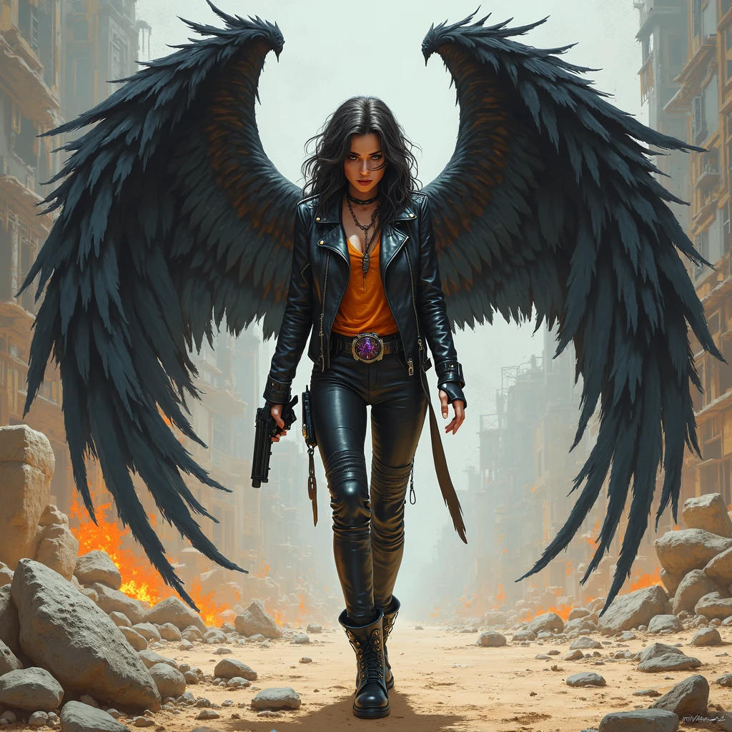 ((Female Fallen Angel sexy)), with ((burning wings of fire)), descending from a ((sky of soft, billowing clouds)) and a ((dark burning cityscape at night)). Her ((strong physique)) and ((glowing eyes)) reveal her nature as a ((heavenly warrior)), and her ((mixed-race features)) add an aura of mystery and beauty. Her ((short military haircut)) denotes her determination in her epic battles. It is a scene both ((majestic)) and ((supernatural)), combining elements of ((fantasy)) with an epic touch. The image is filled with ((vibrant colors)) that contrast with the ((dark tones)) of the burning city and the soft clouds in the sky, evoking a sense of power and transcendental strength.