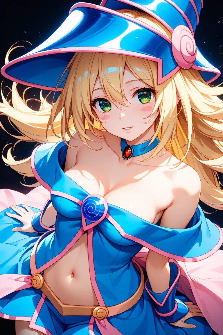 Black Magician Girl、super breasts、thick thighs、blonde hair、magic circle、8K, 4k, highest quality, High resolution: 1.2),winking、One breast exposed、cute anime face、Pink blush on cheeks、noise removal、Leotard that bites into、have a cane、Hold your cane、Rear view、Turning around、full body portrait、T-back that digs into your butt、Glowing green eyes、Laughter