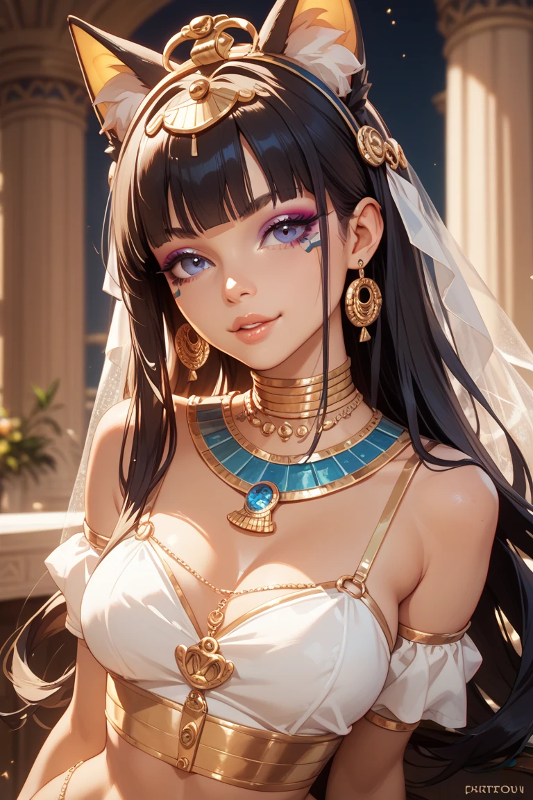 Cleopatra of Egypt blue eyes evil face she is beautiful she has big breasts Egyptian accessories on her face white skin rosy nose short black hair hand on her mouth looks sexy she has a dark look perfect smile she has dark eyes and perfect fingers she the sun shining on one side of the face and shadow on the other side of the face upright face looking down white teeth