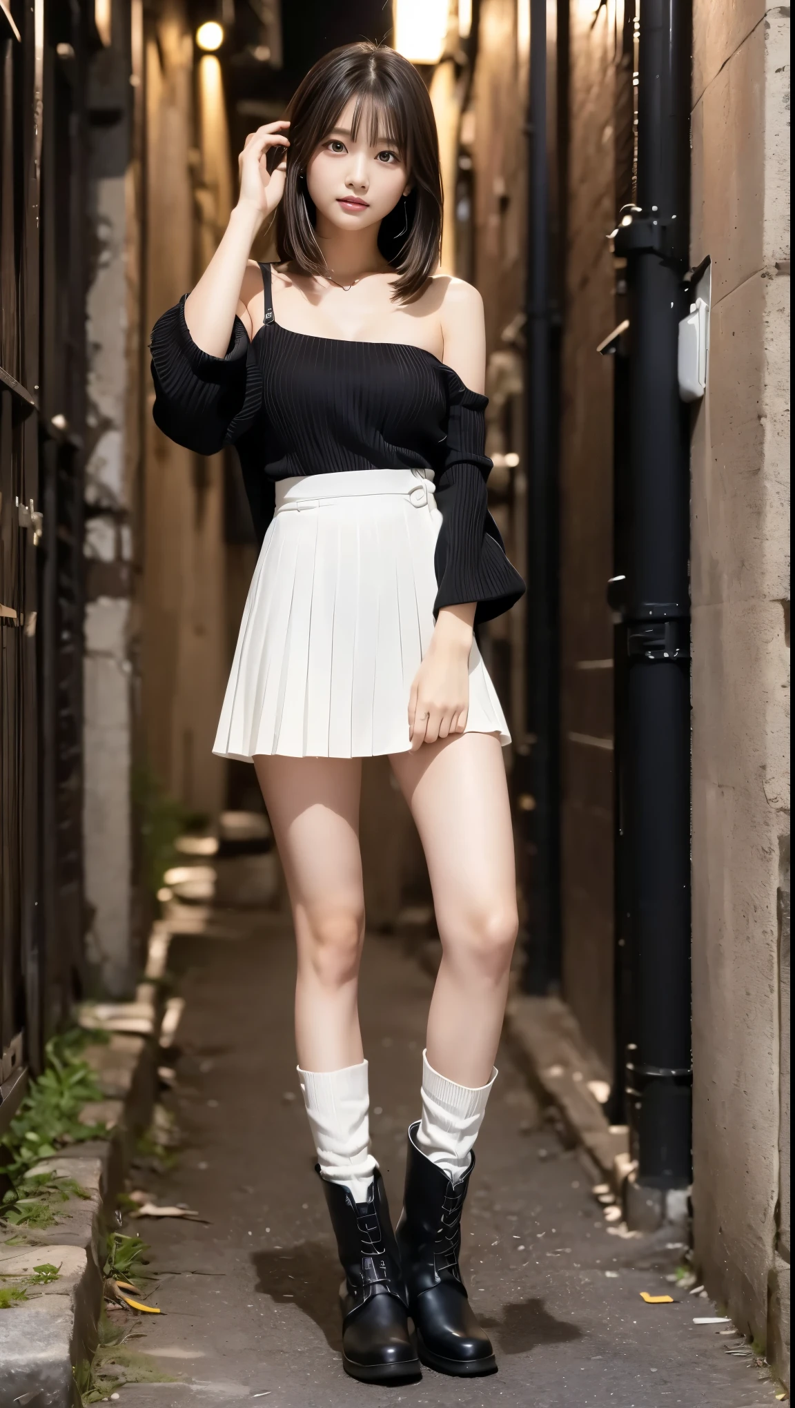 Highest quality, masterpiece, One extraordinarily beautiful girl, ferry, short Hair, ferryBase, Knee socks, Exposing shoulders, jewelry, No sleeve, White Dress, gloves, smile, Soft lighting, whole body, Wide Hips, Medium chest, high heel shoes