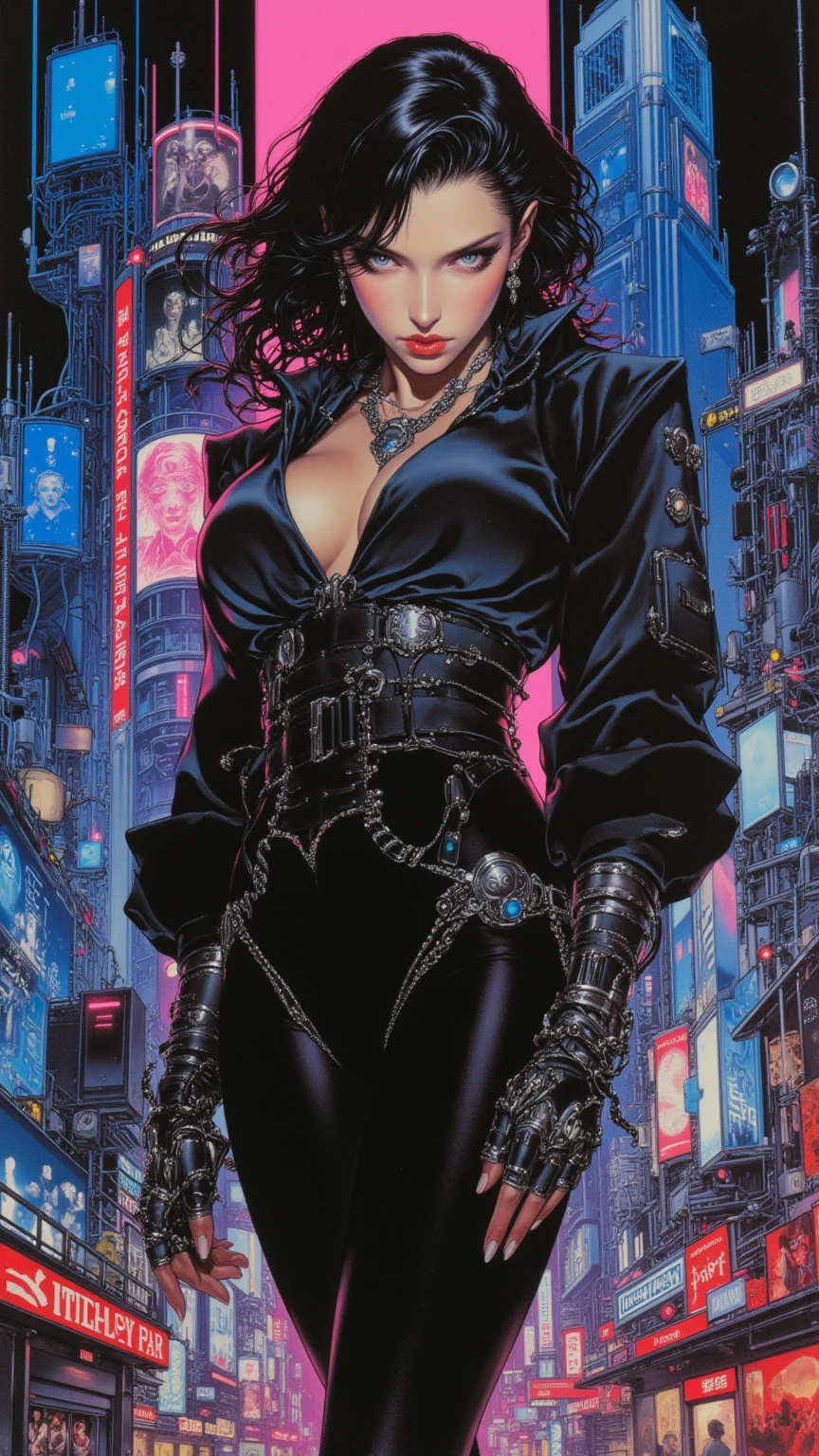 ((ultra realistic illustration:1.2)),(cyberpunk:1.4),(dark sci-fi:1.3). Sexy Japanese woman, with long black hair, red lipstick, wearing leather lingersuit, fishnets, jacket, thigh high boots. Rebellious. Dystopic megacity, gritty, neon, hell, Armored Core, Battletech. Front Mission. Masterpiece, (highly detailed:1.2),(detailed face and eyes:1.2), 8k wallpaper, natural lighting. core shadows, high contrast, bokeh.