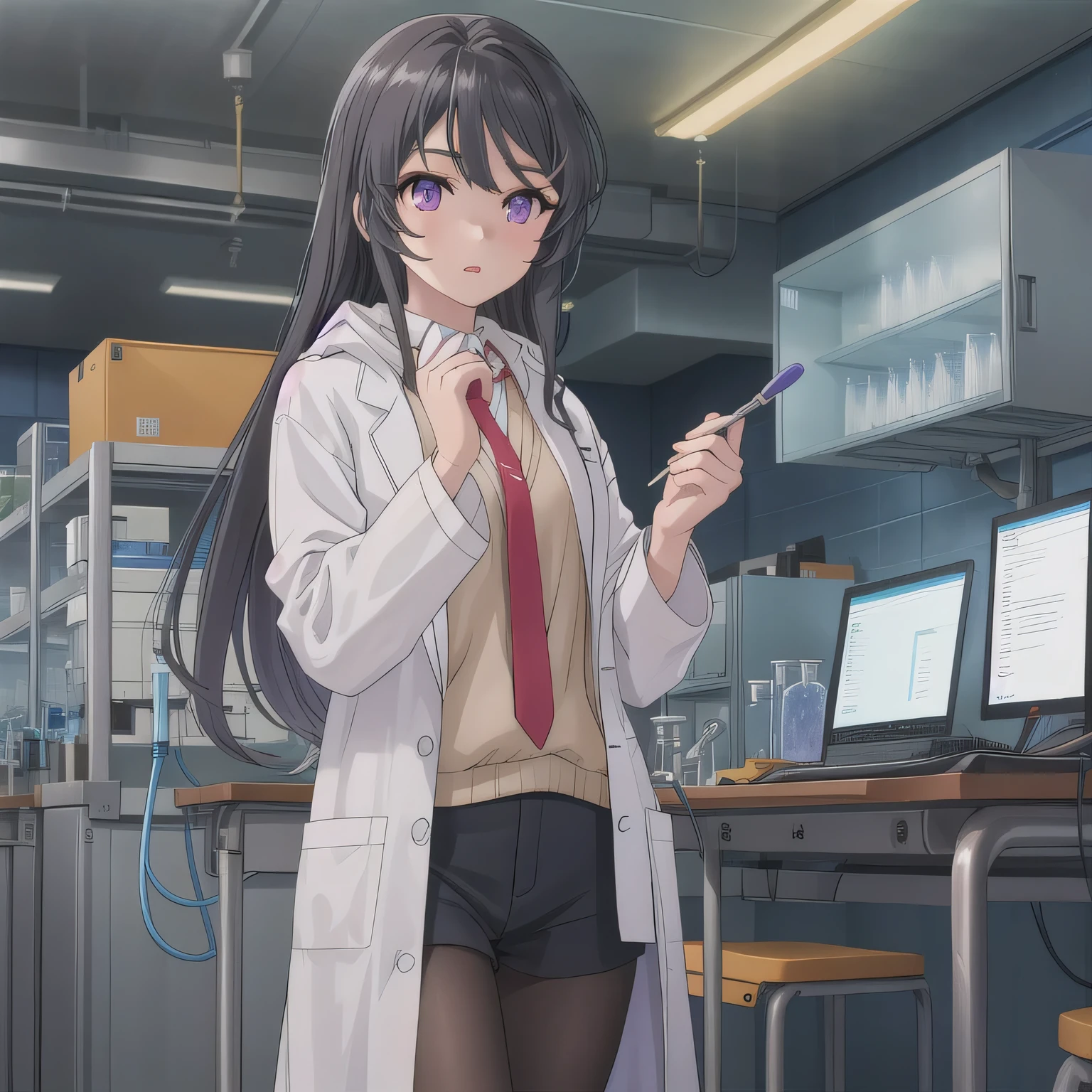 Depict a 20-year-old, stunningly beautiful woman conducting an experiment in a well-equipped science lab. She wears a pristine white lab coat over professional attire, her expression focused as she carefully handles scientific instruments. Whether her hair is long and neatly tied back or short and styled, she maintains a meticulous appearance suited for the lab environment. The background features shelves filled with scientific equipment, adding to the immersive atmosphere of the setting. dark hair, long hair, purple eyes.
