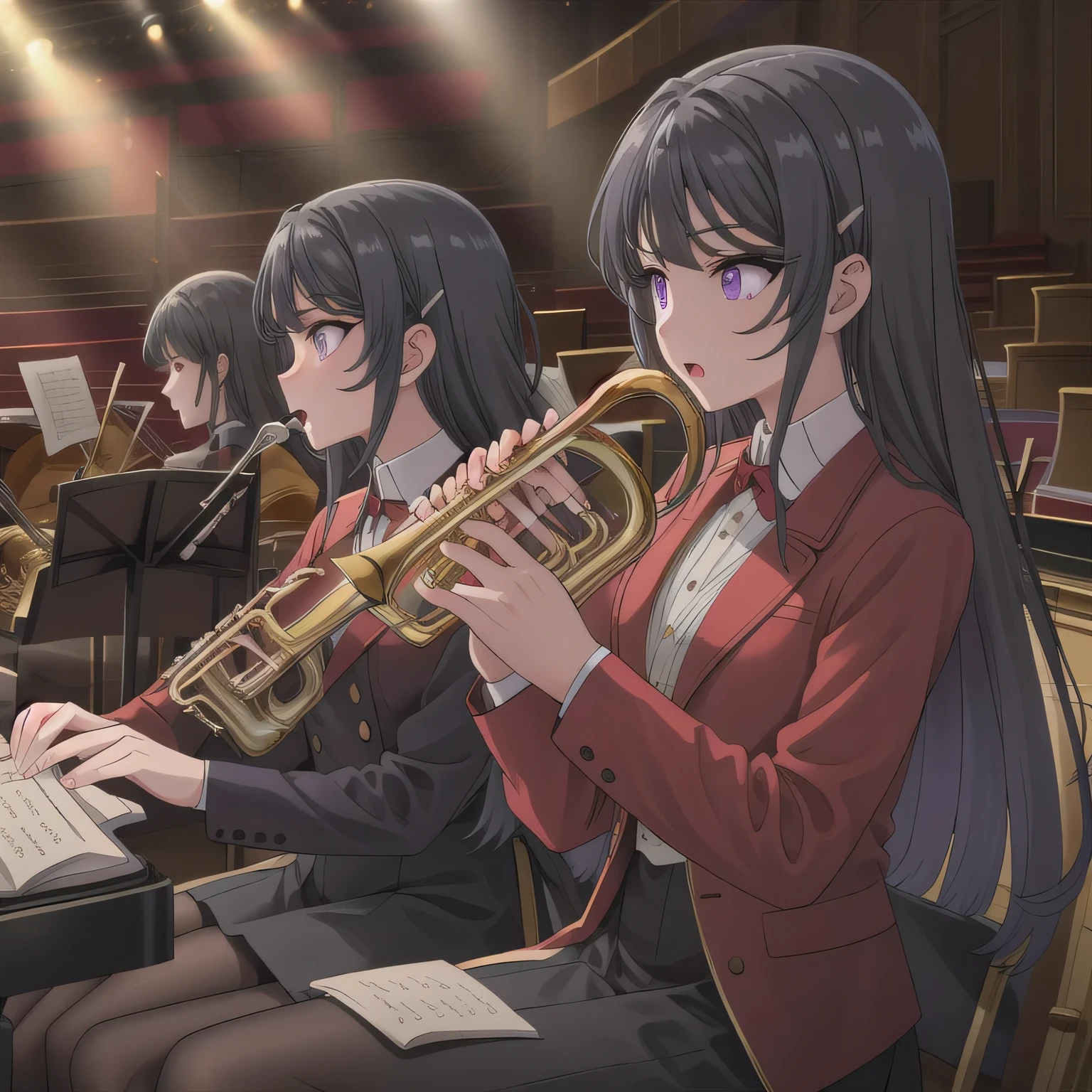 Depict a 20-year-old, dazzlingly beautiful woman playing a brass instrument in a grand concert hall. She wears an elegant yet practical band uniform, designed with intricate gold embroidery. Her posture is poised, fingers positioned with precision, her eyes focused as she plays passionately. The warm stage lighting highlights the shine of her instrument, creating a visually striking contrast between her and the surrounding orchestra. dark hair, long hair, purple eyes.
