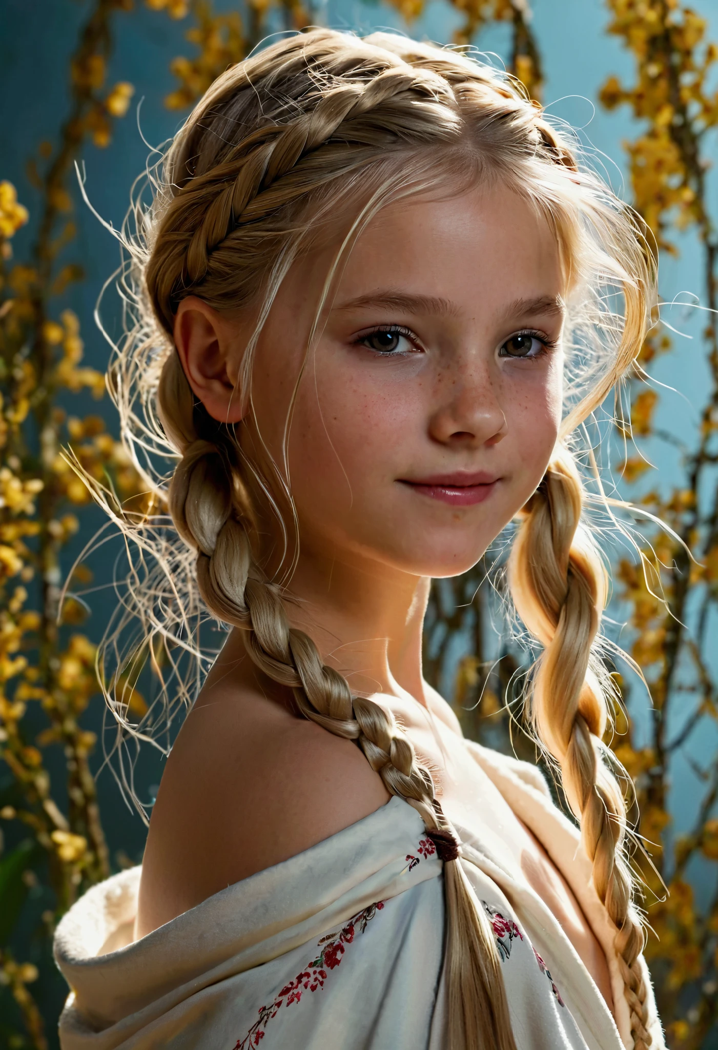 Hyperrealistic image . ULTRA HIGH DEFINITION . 8K. The highest resolution and sharpness . Digital camera image . very young girl, small , beautiful, light blond hair in two braids, with an open robe. full body shot . Anatomía small ( short limbs !!!!!!!), proportionate head. skinny. A slight smile