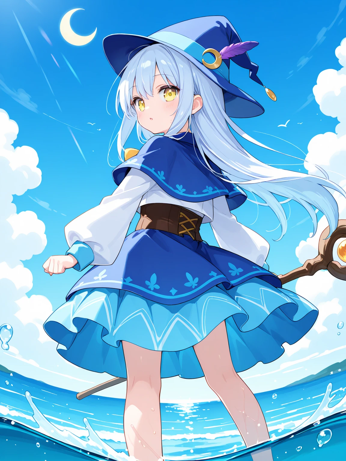 hyper cute shota,light blue witch hat,light blue loose long hair,
tank-top-bikini,