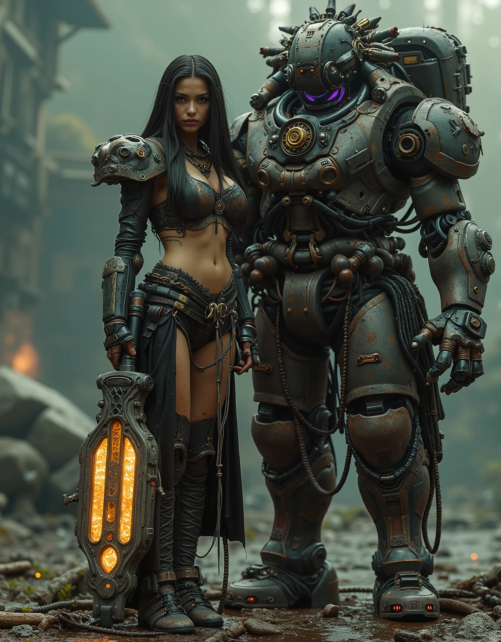 cinematographic photograph using rule of thirds and composition on planes Photo 3 / 4 takes over the entire body , beautiful and sexy naked woman , young Mexican woman of incomparable Latin beauty , top model, Stylish and gothic stormtrooper with small breasts , fit ((chains)), astronauta exploradora dress made of chains, emerald eyes, penetrating look , Punk chain , punk belt , full body shot, torn screen , torn and broken leather and lace , showing the skin of the body , with Aztec tattoos , con chains Picos y Muchas joyas de plata de huesos de plata , straight dark hair collected, some dreadlocks with purple tips , The Mayan headdress, a reference to King Pakal Maya , She is armed with Macahuitl Xihucoatl and a wielding fiery sword, parts of rusty armor with Aztec motifs in bas-relief and some parts of bones, brandishing the Xihucoatl of fire , In a superhero pose on the huge skull of a Quetzalcoatl, Next to her in the background and fully appreciating a huge (huge) y alto robot mecha de piernas largas inspirado en los Atlantes de Tula y con cabeza de dios azteca Tlaloc Tezcatlipoca y con armadura oscura con mucho oxido battle damage y partes destruidas, You can see the exposed mechanism composed of pistons , hoses, chains y motores con algunas luces, . In the background of a desolate apocalyptic planet , por la noche, gloomy atmosphere, ethereal smoke emanating from her and the macahuitl , dark. Maya warrior , Robot Atlante de Tula . BATTLE POSES. battle damage. in the style of Ashley Wood a high level of style Racrufi . The two characters must be observed in their entirety in their entirety