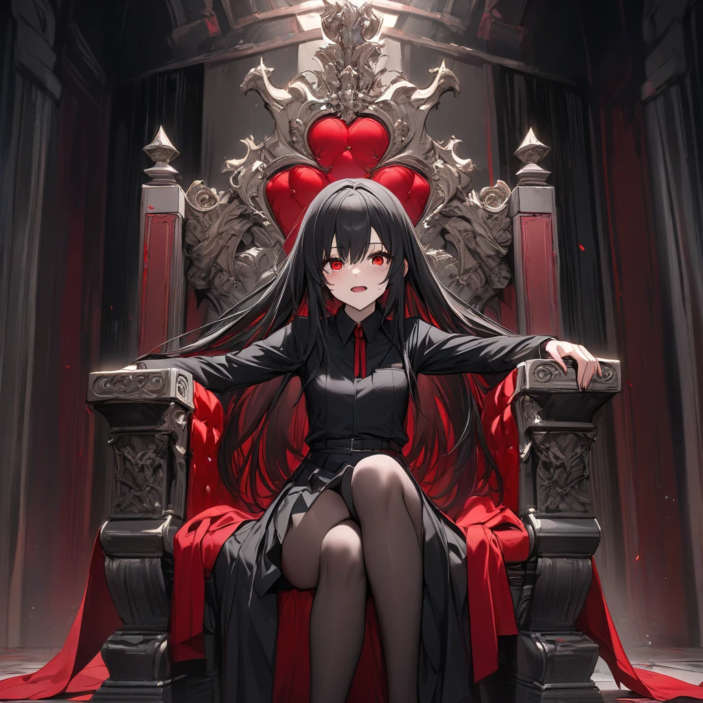 masterpiece, highly detailed, high quality, delicate black throne, 1girl, evil and beautiful, playful, smile, red eyes, (blood), dynamic angle, lying on throne, mystical, fanatic, intricate, surreal, delicate, wearing armored gothic dress,cinematic lighting