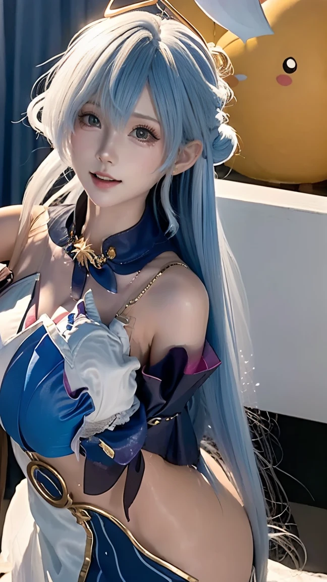 a close up of a woman in a costume posing for a picture, Gorgeous Role Play, Anime cosplay, Anime girl cosplay, anime goddess, elegant glamourous cosplay, cosplay, glamourous cosplay, cosplay photo, Cosplayer, white haired deity, professional cosplay, full-cosplay, beautiful goddess, perfect white-haired girl, white and teal garment, publicity cosplay, Anime girl in real life
