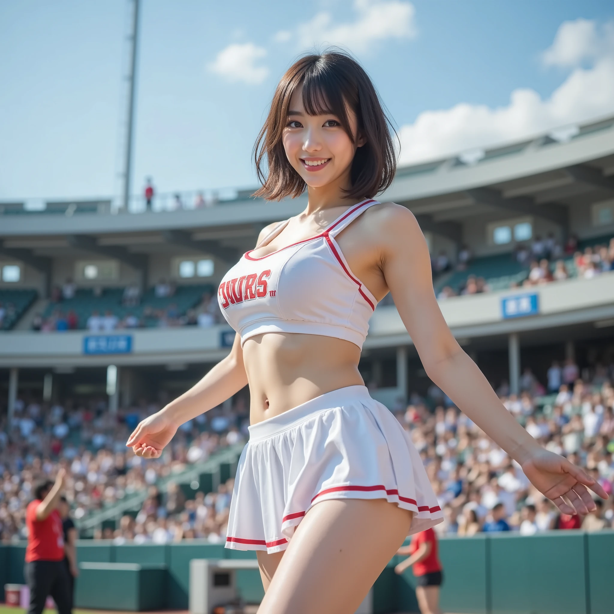 Pubic hair grows、Smile full of happiness、((:1.3))、、、Panting face、Lacking、After being attacked、Sweating、Expression in a state of excitement、short-hair、eye glass、((:1.1))、Pink panties seem to flicker、((1 beautiful girl)), extremely detailed CG unified 8k wallpaper, Highly detailed, RAW color photo, Professional Photography, Realistic, top-quality、hight resolution、ultra-detailliert、masterpiece、Raw photography、realisitic、Photorealsitic、extremely delicate and beautiful、finely detail、Textured skin、full-shot、(Sky from below)、1womanl、japanes、22year old、(Professional Baseball Team Cheerleading)、(Cheering seats in the stadium)、(beauitful face:1.5)、(Showing white panties:1.2)、(Highkick:1.5)、itting open legs、Open your crotch、(Pubic hair sticking out of panties)、Cheering uniform、(a miniskirt:1.5)、tall、Brown hair、Wearing makeup、(Bare legs:1.5)、Do not wear anything on your arm、perfectly proportions、(At SFW)