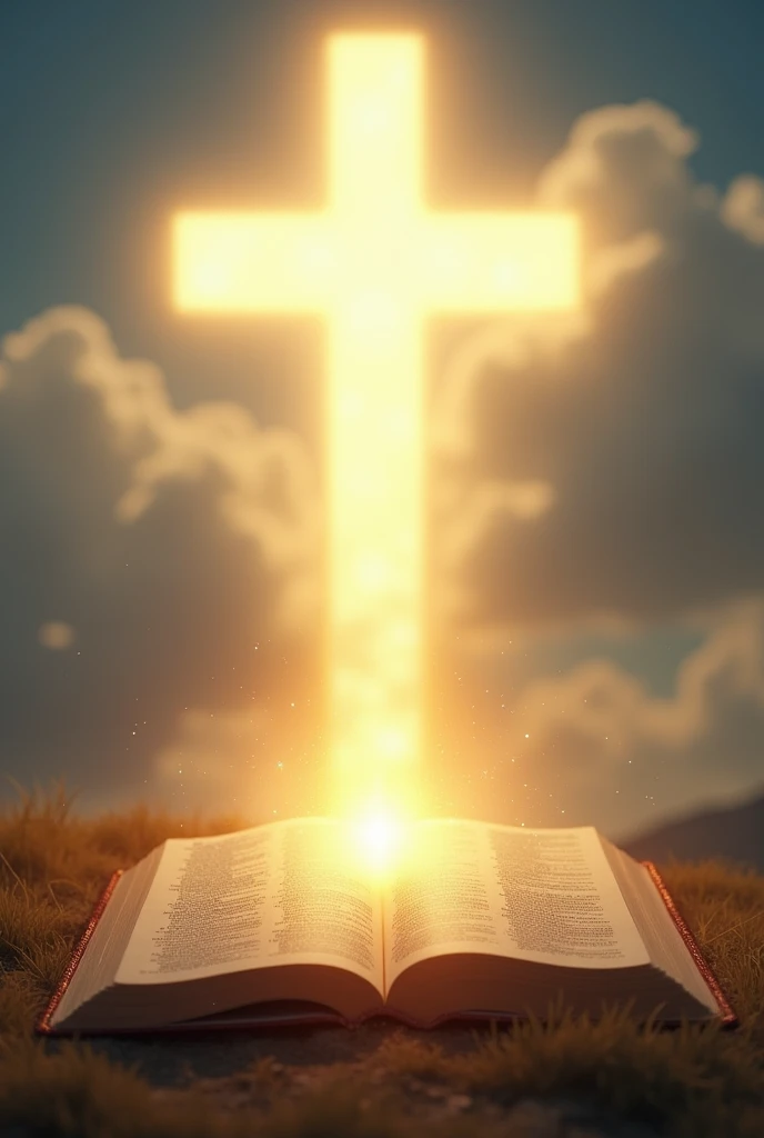 Bright Light shone from Bible with the cross in the middle and holy spirit on top like a dove and write "Light Walker's church" at the bottom, heavenly background 