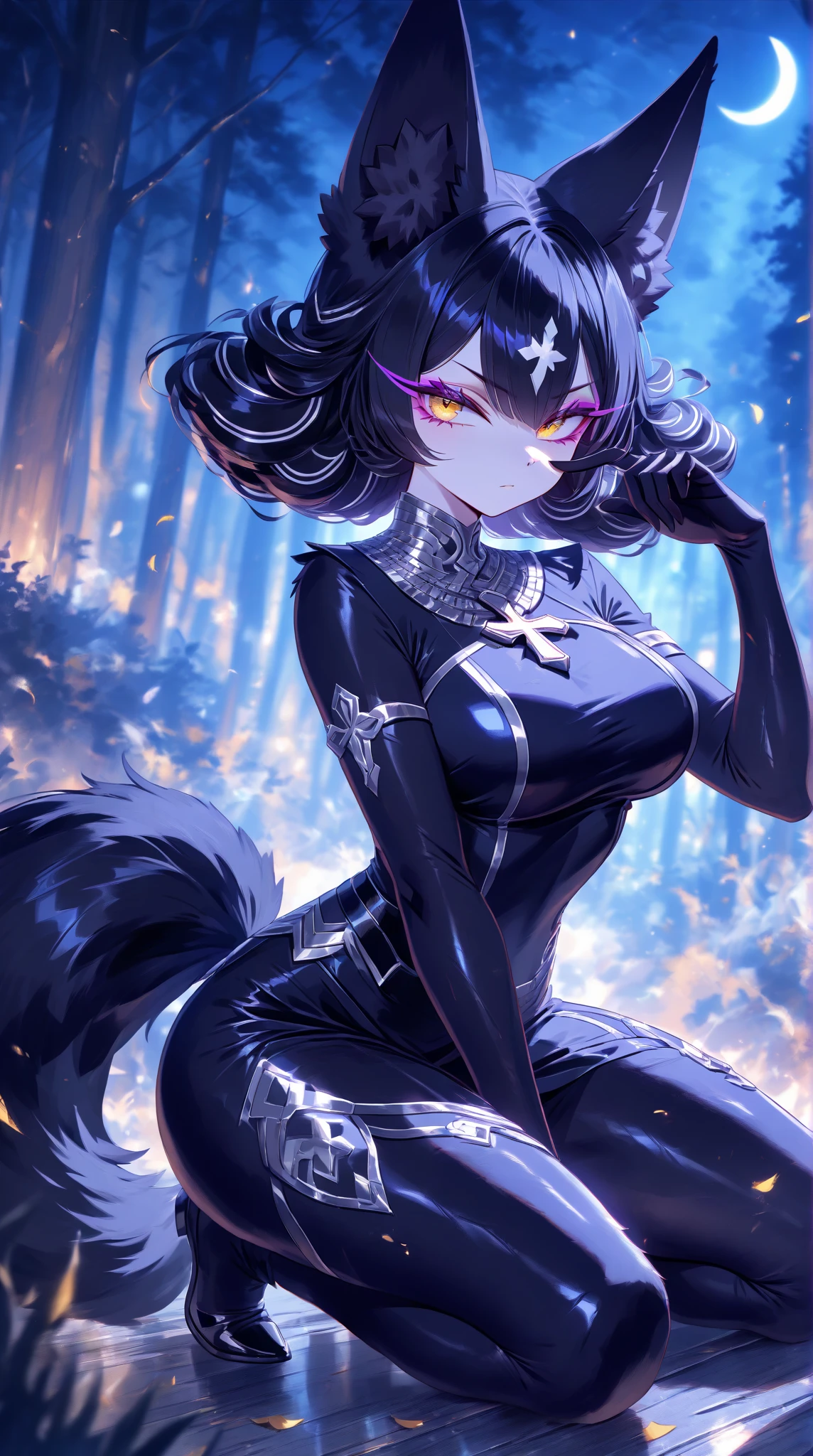 Top quality, high resolution, perfect human structure, background focus, front view, glowing hair, cat ears, black hair, devil cosplay, witch, dark, gradient eyes, swept bangs,