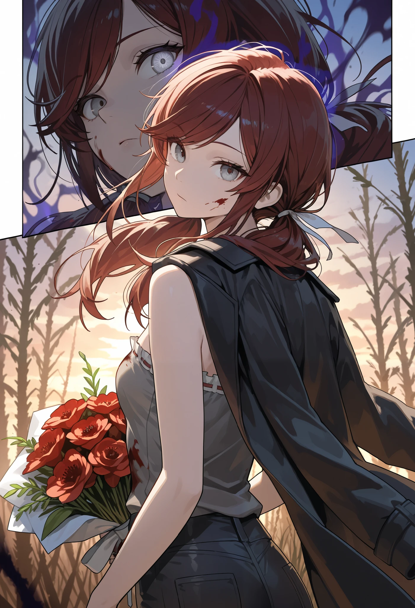 (masterpiece:1.2, Best Quality), (finely detailed beautiful eye: 1.2), (beautiful detailed face), (masterpiece:1.2, Best Quality), (finely detailed beautiful eye: 1.2), (beautiful detailed face), solo, close up,looking back, dark aura, dark energy, bristly hair, glowing eyes, dark aura, shadowy aura, upper body, thin girl, holding bouquet of purple flowers, expressionless, :l, Gray eyes, lifeless eyes, blood on face, blood on clothes, head tilt, dark red hair, swept bangs, low twin tails, white ribbons, strapless sleeveless shirt, gray shirt, shirt with white trim, frill trim, black coat worn over shoulders, black jeans, black nails, thin thighs, thin legs, dusk, willow tree leaves, close up, messy hair, stoic, shadowy aura, battlefield, s, comic strip,