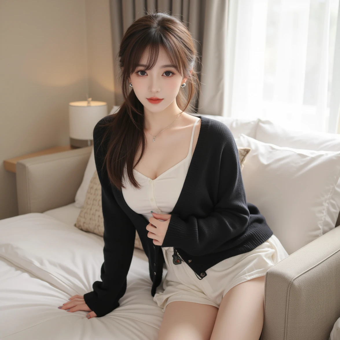 a 20 year old actress, the most beautiful woman's face in the world is her own one, her body is the perfect proportions for a woman, blazer is worn with shirt on her upper body, her vagina between opened legs, two pairs of labia under a clitoris, her pubic hair, ideal size of woman's breasts, she is sitting on a couch, nsfw, best quality, highly detailed, masterpiece, ultra high res, photo realistic, 8k