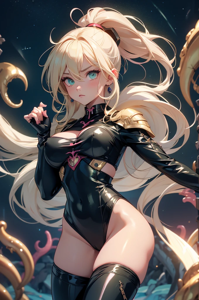 top-quality、Top image quality、​masterpiece、girl with((cute little、18year old、Best Bust、Medium bust、Bust 85,Red eyes to issue、Breasts wide open,Valley、Blonde long hair、A slender、Black leather bra、White trousers、happily face、weightless、float、splatters、levitation、Hand waving motion、posterior view）hiquality、Beautiful Art、Background with((sky at night、mid air、meteors、black hole)),masutepiece、Elaborate design、visualart、depth of fields、Being in the air、weightless