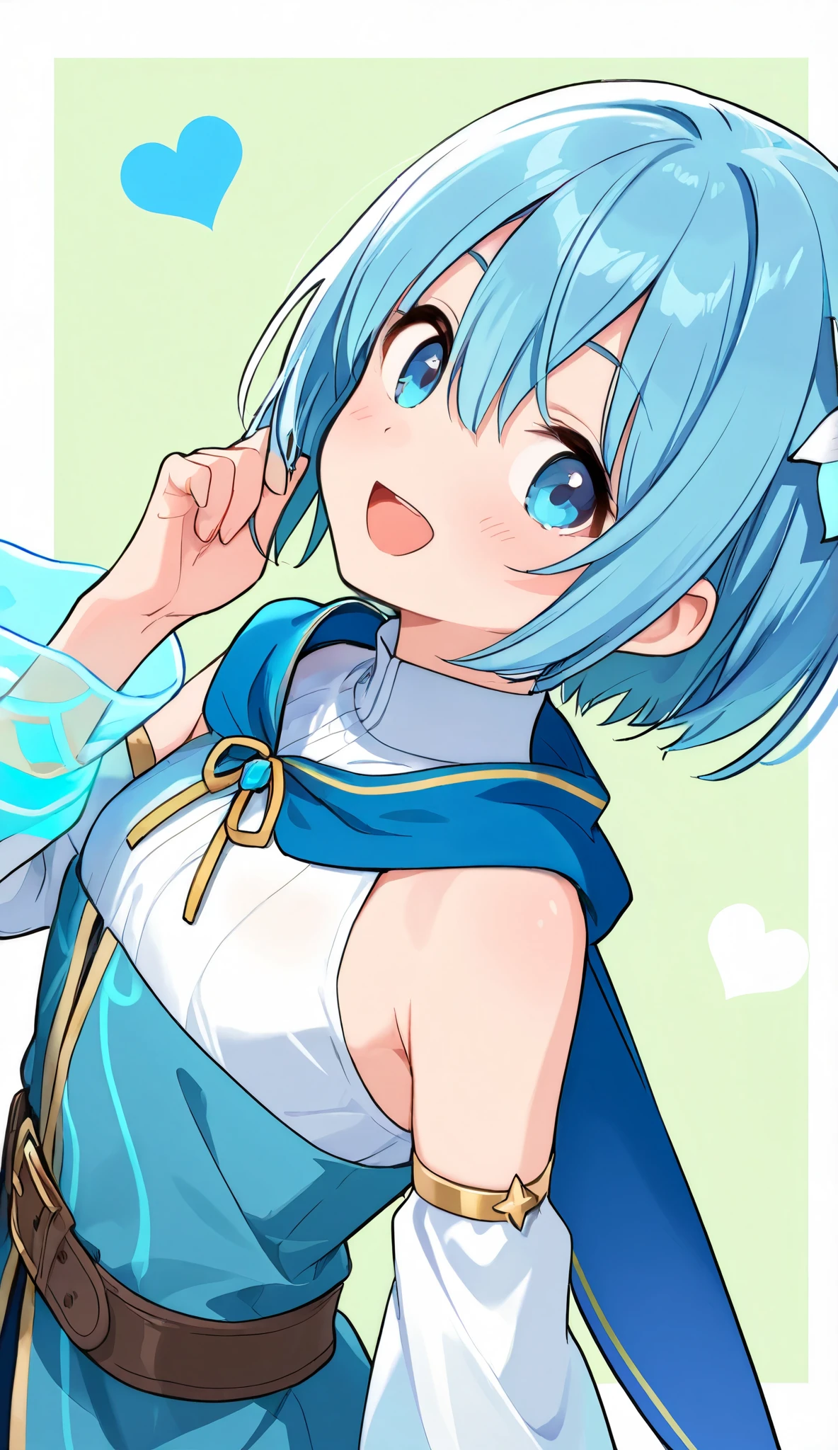 blue-haired girl、Water Wizard 、short haired and energetic、up、so cute、、stupid hair