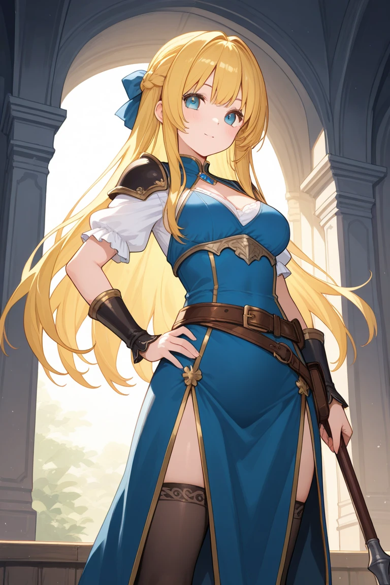 16k, highres, masterpiece, best quality,
dutch angle, cowboy shot,
standing, arms up, armpits, from below,
o_o, :o, looking afar,
magical princess, blonde hair, long hair, (red eyes:1.3),
hairband, jewelry, shoulder armor, bracelet, blue dress, armor, pauldrons, belt, choker, cape,