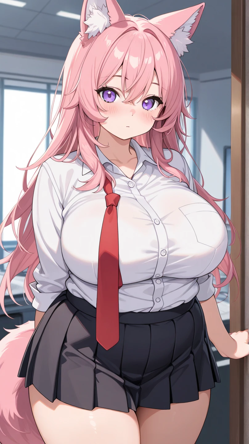 1 girl, pink hair, long hair, pink eyes, smile, sexy body, big breast, HDR, 8K, stand in the center of image looking at you, at work in the office, short black skirt, long black stockings, white shirt, black jacket, black tie