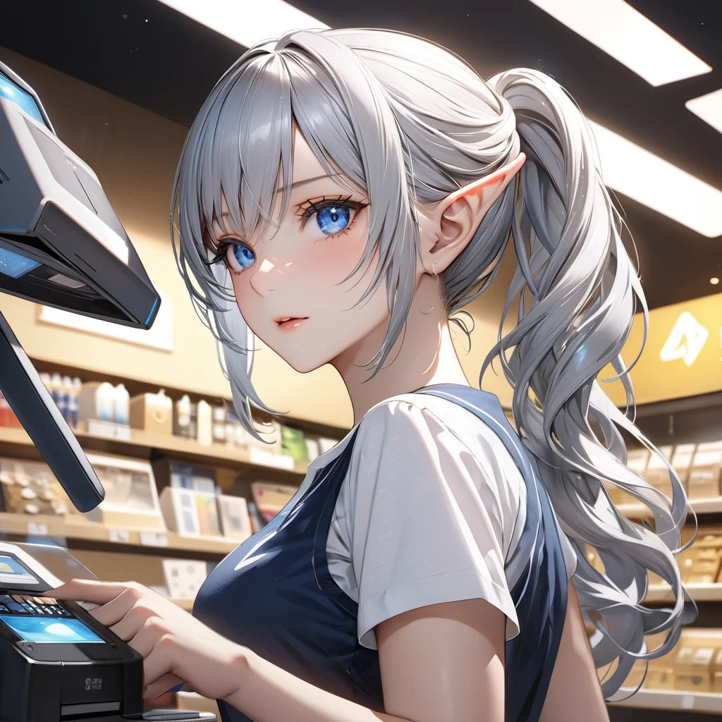 (  From behind : 1.2) , ( In the crowded electronics  store :1.4), 
 (  colorful plugsuit ) , (  battlesuit  : 1.3) , 
( covered nipples: 1.2 ) ,
( blush , orgasm, embarrassed : 1.1)  , (covered nipple :1.0) , ( camel toe : 1.2)  ,  ( selfie : 1.2), 
(Customers : 1.1) , table, mobile phones, ( id holder : 1.4) ,
frieren, long hair, twintails, (green eyes:1.5), grey hair, pointy ears, elf,
( masterpiece: 1.1)