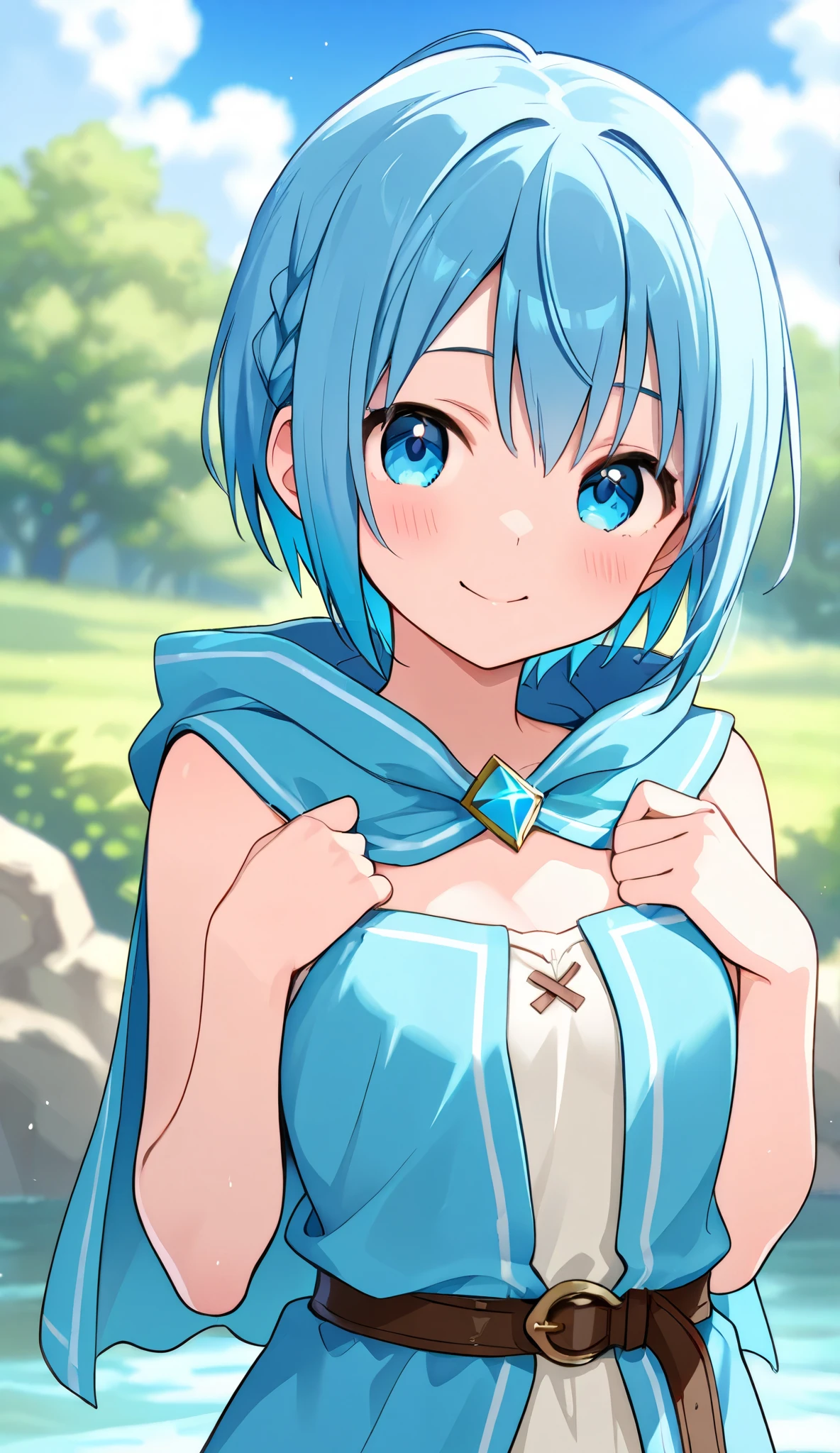 blue-haired girl、Water Wizard 、short haired and energetic、up、so cute、、stupid hair、fantasy