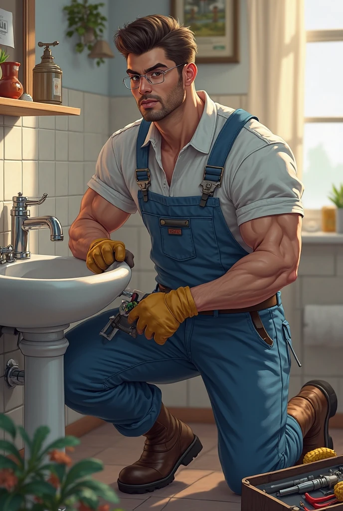 A muscular middle-aged male,vast pecs,Huge crotch bulge,Broad shoulders,Naked upper body,Suspenders,frock,Martin boots,Indecent expressions,(lying on floor:1.5),(Repair water pipes:1.3),(Get wet all over your body:1.3),Shoot from top to bottom,facing to audience,outstanding,High picture quality,high detal,Bottom saturation,systemic,wide angles
