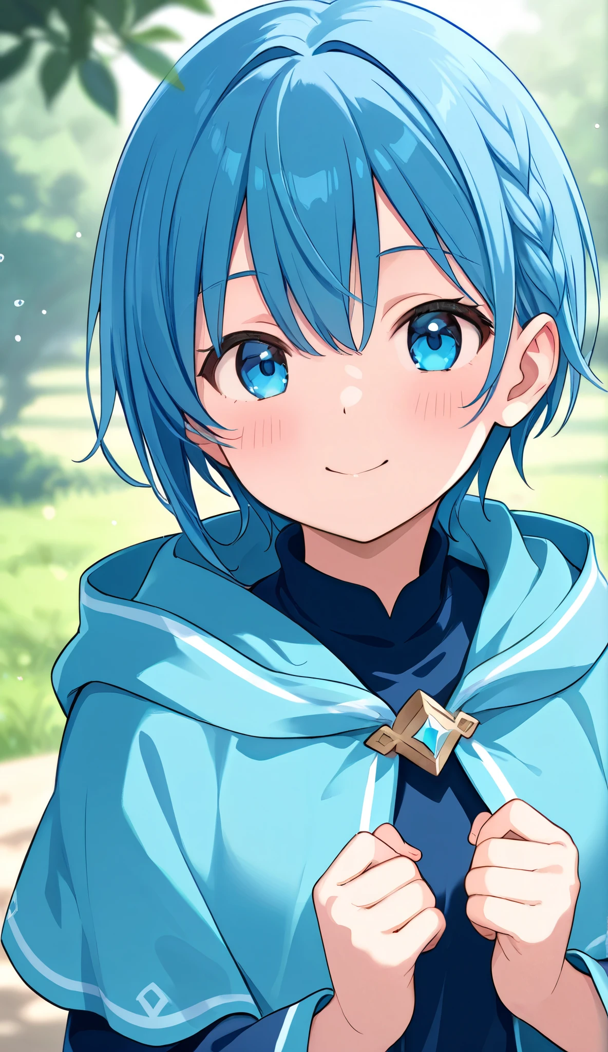 blue-haired girl、Water Wizard 、short haired and energetic、up、so cute、、stupid hair、fantasy