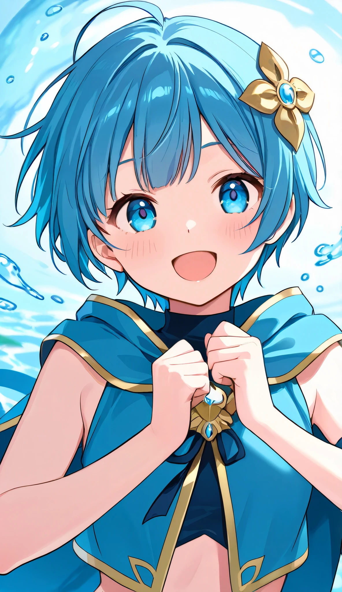 blue-haired girl、Water Wizard 、short haired and energetic、up、so cute、、stupid hair、fantasy、Blue slope