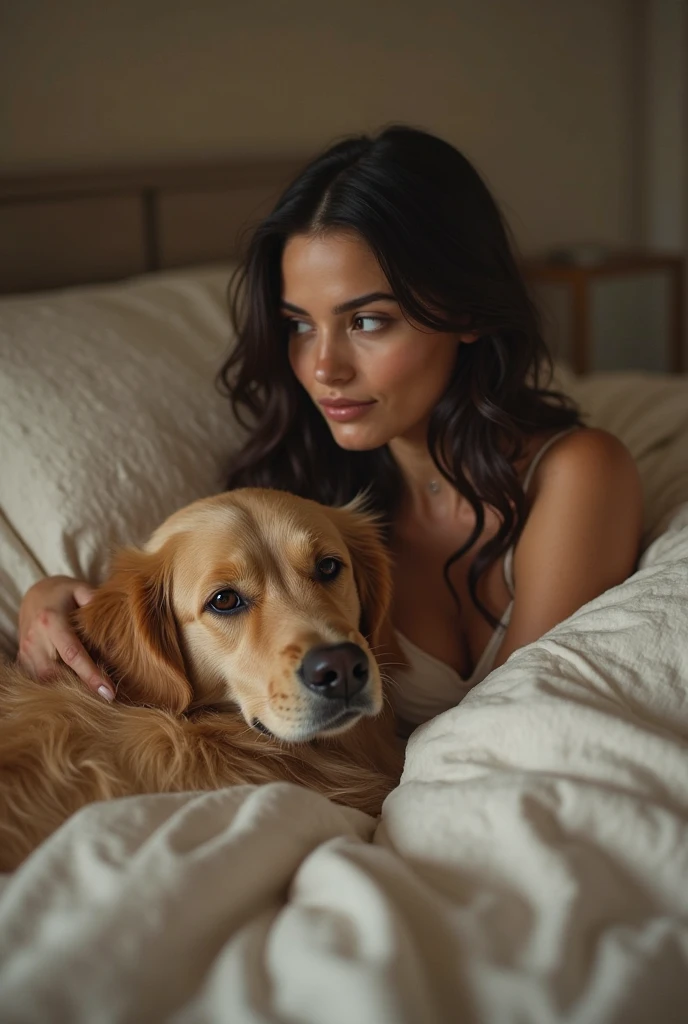 (backwards) A teenage girl with wavy dark blonde hair lying on a white dog with brown spots and brown ears