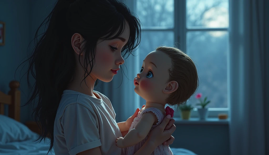 A sad 7-year-old girl is hugging her baby sister in her lap: ultra-realistic skin texture, ultra-high detail image quality, very high quality unique texture, film and television level light and shadow projection, ultra-high definition, super detailed UHD illusion style. --auto --s2