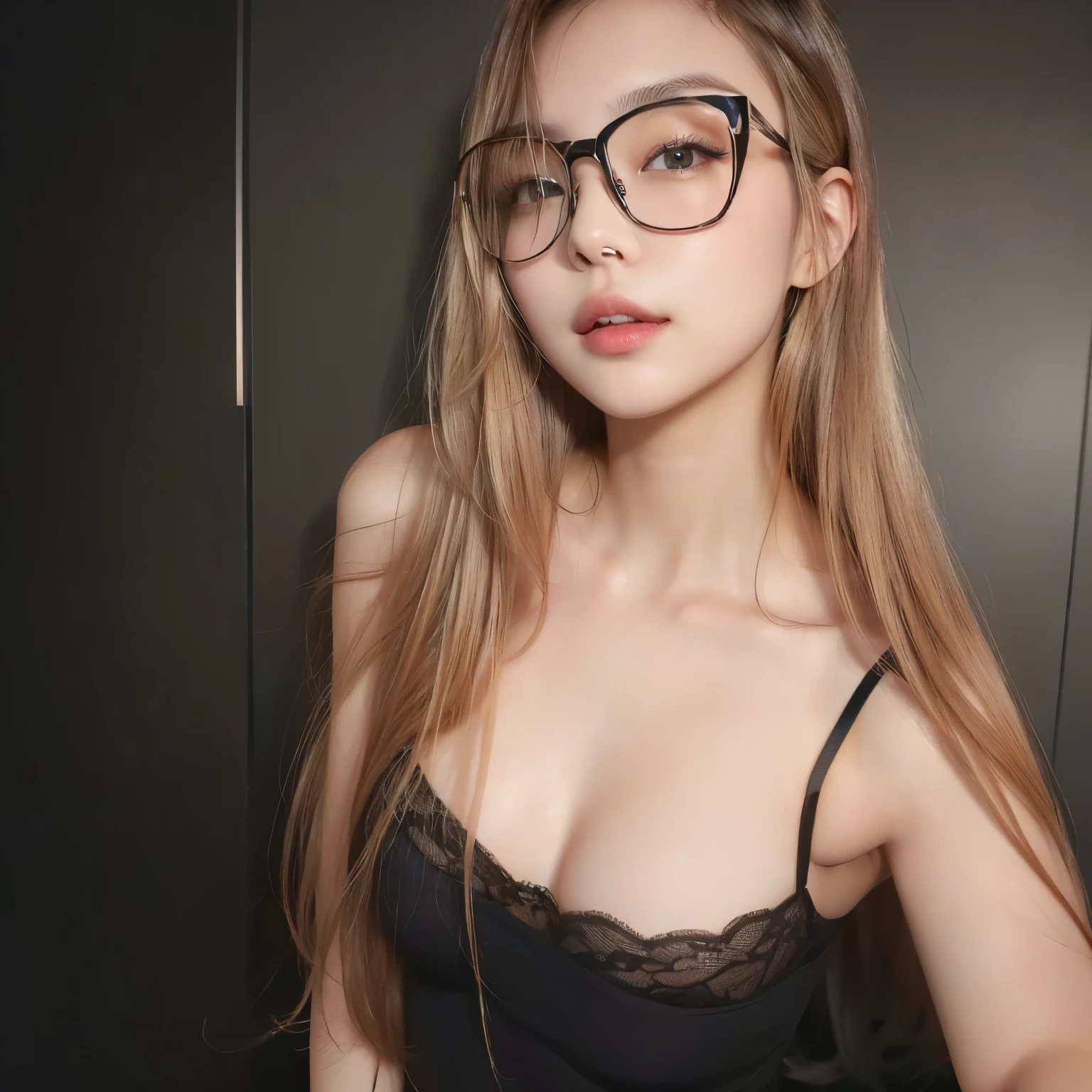 Close up portrait of a woman with glasses lying on bed, thick glasses, with glasses, angela white, Sexy Girl, Girl with glasses, portrait of nicole aniston, Glasses, jaw-dropping beauty, nicole aniston, long blonde hair and large eyes, Big glasses, jaw dropping beauty, Sexy face, Belle Delphine, some glints and specs, masutepiece, 8K, cleavage, Colossal tits, Bust Details, hair detail, Eye Detail,rub one's breasts