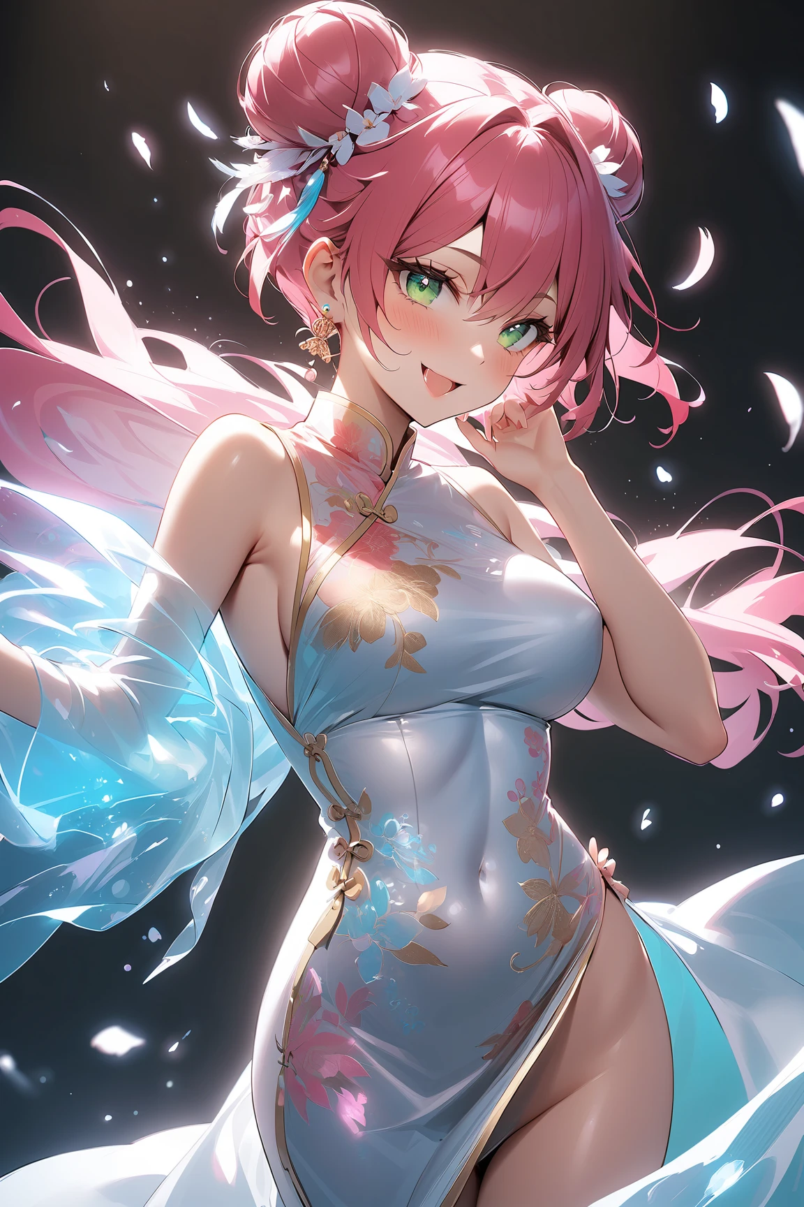 Best quality, Ultra detailed, best quality, insanely detailed, beautiful, masterpiece, 8k,
break
Colorful background, refraction Glowing white lines ,Crossing Light,light particles
break
1lady, pink hair, short hair, white flower ornament on head, pink eyes, ultra detailed eyes, dancer dress, (blue dress:1.5),( green skirf on chest:1.1) ,red heels,
Break
(Waltz1.5), upper body, (evil smile1.5), evil grin, (sharp eye:1.2),(scowl:1.1), (stare at viewer:1.5), (embarrassed,blush:1.3),(ecstasy:1.3) ,(slut:1.2),(vulgarity:1.3),(wet:0.8),(drooling:0.6),(sweat:0.8),