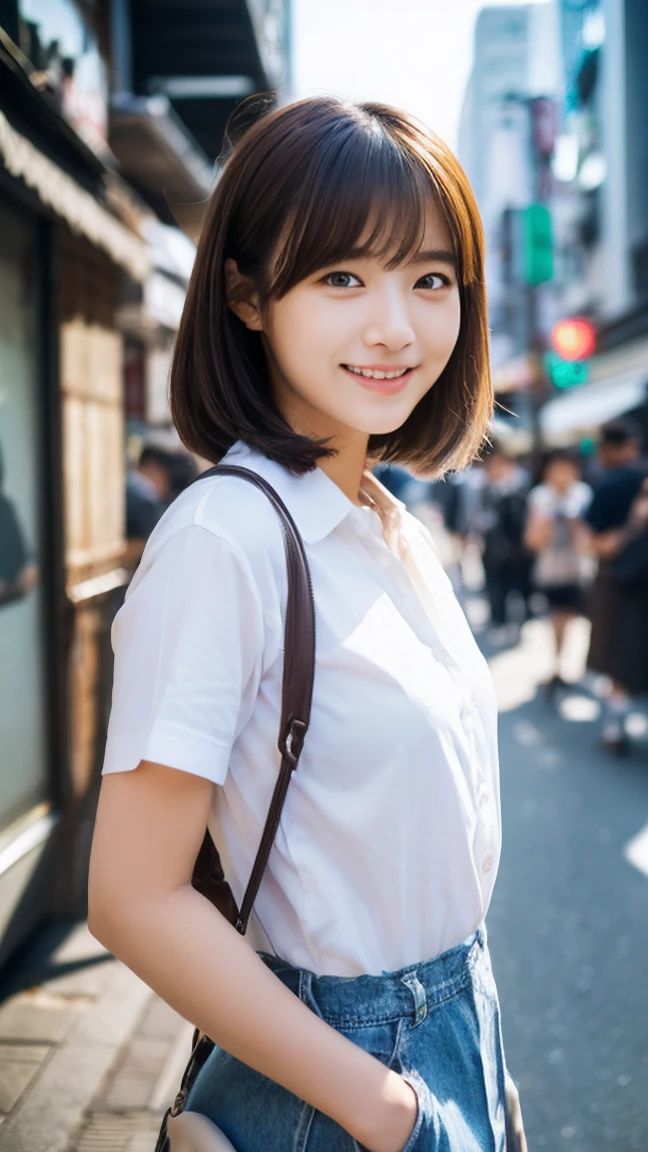 ultra best quality、​masterpiece、超hight resolution、depth of fields、(Photorealsitic:1.4)、(awardwinning photo、incredible masterpiece:1.3) 、Raw photography、the golden ratio、the Extremely Detailed CG Unity 8K Wallpapers、Detailed and complex、Original、hight resolution、Raw foto、(perfect body type)、Detailed and complex、Digital SLR、softlighting、(background person blur:1.1)、SIGMA 85 mm F/1.4、50mm Lenac lighting、nffsw、hyper realstic、Color Grade、dynamicposes、Portrait Break、 solo、short-hair:1.4、girl with、Super beauty、(Full body like:1.2)、japanese bodybian、solo)、thighs gap、A smile:1.4、University、cute little high school girl、short-cut、Detailed Realistic、Skin Texture、(realistic human skin texture)、Front view View viewer、natural soft light、Daytime、in a street、deep-shadows、cute little、21 years old BREAK、 a street、The state of the store、akihabara、Shinjuku、with no people、(akihabara:1.2)
